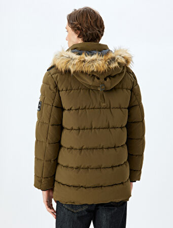 Şişme Mont Suni Kürklü Kapşonlu Etiket Detaylı Slim Fit Fermuarlı