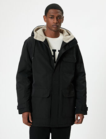 Kapşonlu Anorak Mont Peluş Detaylı Slim Fit Cepli Fermuarlı