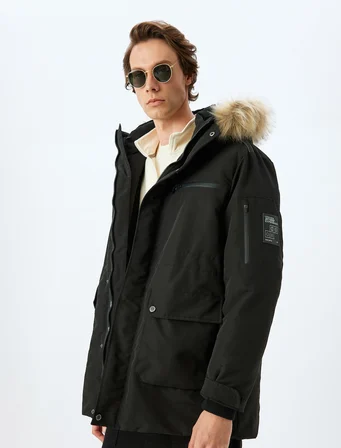 Anorak Mont Suni Kürk Detaylı Kapşonlu Slim Fit Fermuarlı
