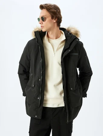 Anorak Mont Suni Kürk Detaylı Kapşonlu Slim Fit Fermuarlı