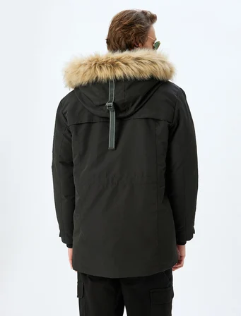 Anorak Mont Suni Kürk Detaylı Kapşonlu Slim Fit Fermuarlı