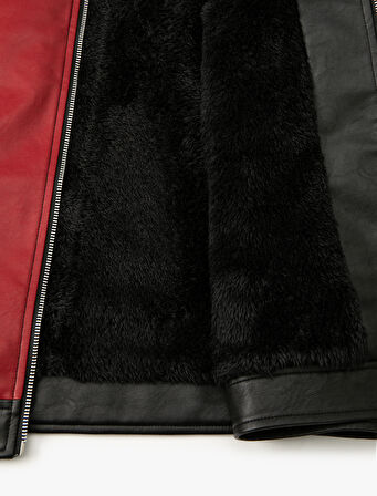 Slim Fit Renk Bloklu İçi Suni Kürklü Dik Yaka Suni Deri Yarışçı Ceketi