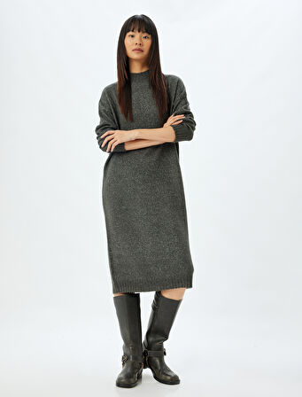 Triko Elbise Midi Boy Dik Yaka Uzun Kollu Düşük Omuzlu Bol Kalıp