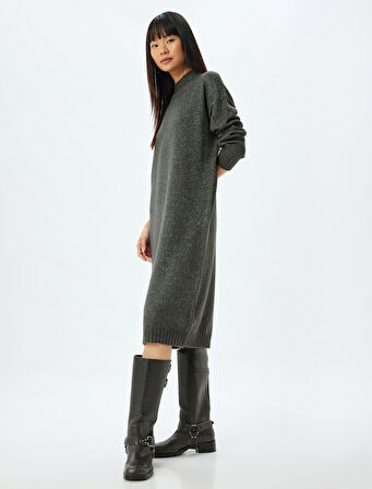 Triko Elbise Midi Boy Dik Yaka Uzun Kollu Düşük Omuzlu Bol Kalıp