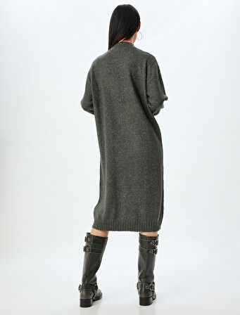 Triko Elbise Midi Boy Dik Yaka Uzun Kollu Düşük Omuzlu Bol Kalıp