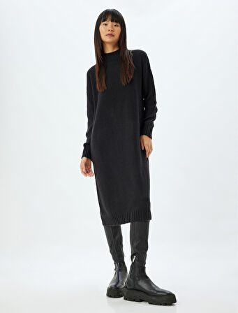 Triko Elbise Midi Boy Dik Yaka Uzun Kollu Düşük Omuzlu Bol Kalıp