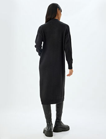 Triko Elbise Midi Boy Dik Yaka Uzun Kollu Düşük Omuzlu Bol Kalıp