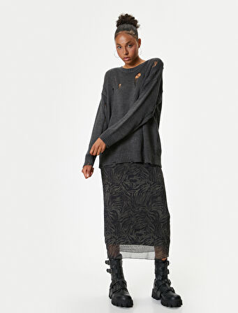 Yıpratılmış Kazak Bisiklet Yaka Uzun Kollu