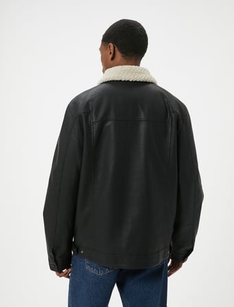 Suni Deri Ceket Yakası Kürklü Cepli Fermuarlı Astarlı Slim Fit