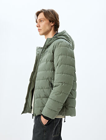 Şişme Mont Slim Fit Fermuarlı Slogan Baskılı