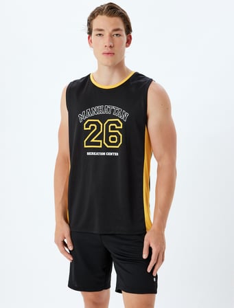 Spor Atlet Slogan Baskılı Biyeli Bisiklet Yaka Kolsuz
