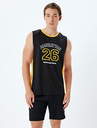 Spor Atlet Slogan Baskılı Biyeli Bisiklet Yaka Kolsuz