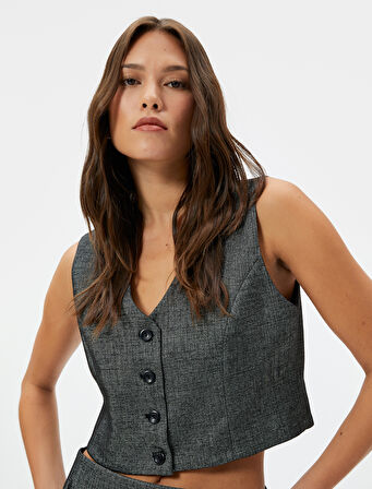 Crop Yelek Kruvaze Düğmeli V Yaka