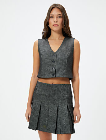 Crop Yelek Kruvaze Düğmeli V Yaka