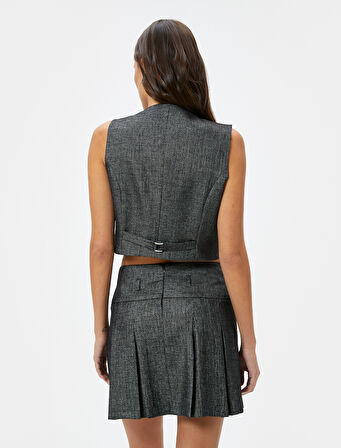 Crop Yelek Kruvaze Düğmeli V Yaka