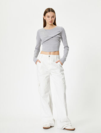 Uzun Kollu Tişört Önü Düğüm Detaylı Yuvarlak Yaka Slim Fit