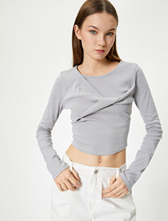 Uzun Kollu Tişört Önü Düğüm Detaylı Yuvarlak Yaka Slim Fit