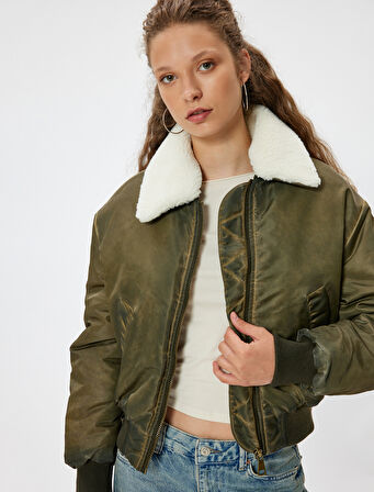 Oversize Crop Ceket Suni Kürk Yaka Fermuarlı Yıkamalı Cep Detaylı