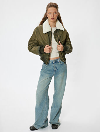 Oversize Crop Ceket Suni Kürk Yaka Fermuarlı Yıkamalı Cep Detaylı