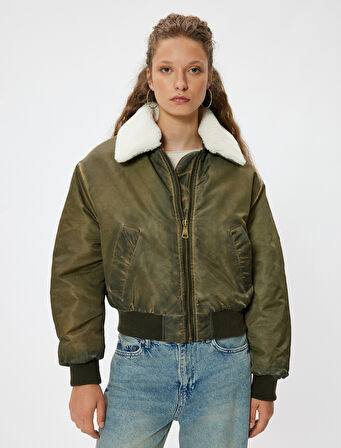 Oversize Crop Ceket Suni Kürk Yaka Fermuarlı Yıkamalı Cep Detaylı