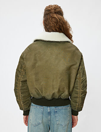 Oversize Crop Ceket Suni Kürk Yaka Fermuarlı Yıkamalı Cep Detaylı