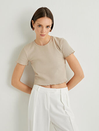 Crop Tişört Kısa Kollu Fitilli Bisiklet Yaka Pamuklu