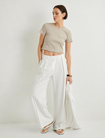 Crop Tişört Kısa Kollu Fitilli Bisiklet Yaka Pamuklu