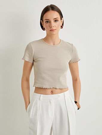 Crop Tişört Kısa Kollu Fitilli Bisiklet Yaka Pamuklu