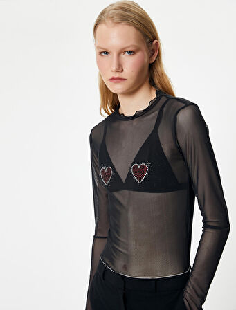 Transparan Tişört Kalp Taş İşlemeli Uzun Kollu Fırfırlı