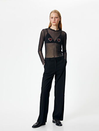 Transparan Tişört Kalp Taş İşlemeli Uzun Kollu Fırfırlı