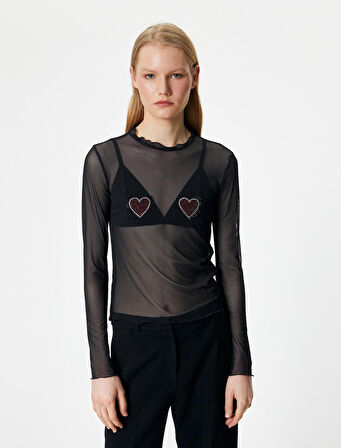 Transparan Tişört Kalp Taş İşlemeli Uzun Kollu Fırfırlı