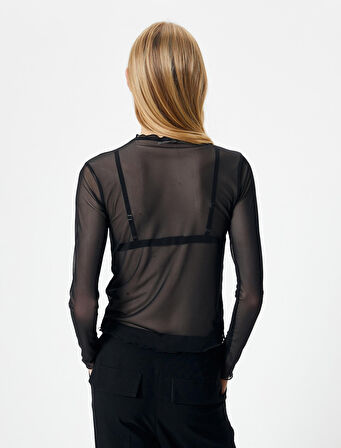 Transparan Tişört Kalp Taş İşlemeli Uzun Kollu Fırfırlı