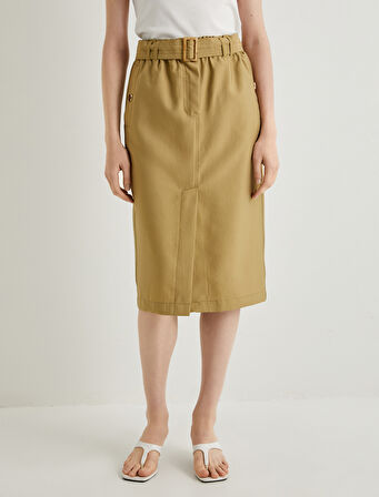 Midi Kargo Etek Cep Detaylı Kemerli Yırtmaçlı