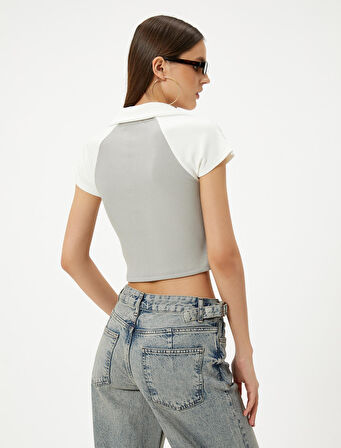 Crop Polo Yaka Tişört Renk Bloklu Kısa Kollu Viskoz Kumaş Slim Fit