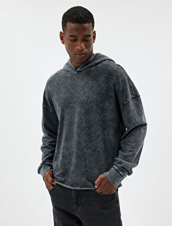 Oversize Sweatshirt Yıkamalı Basic Uzun Kollu Kapşonlu Pamuk Karışımlı