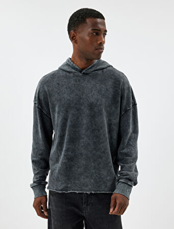 Oversize Sweatshirt Yıkamalı Basic Uzun Kollu Kapşonlu Pamuk Karışımlı