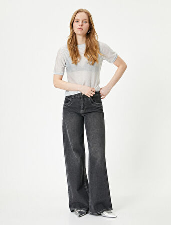 Metalik Simli Tişört Bisiklet Yaka Kısa Kollu Parlak Taşlı