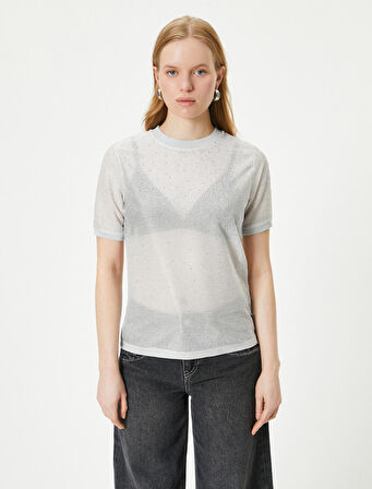 Metalik Simli Tişört Bisiklet Yaka Kısa Kollu Parlak Taşlı