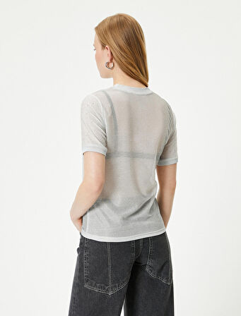 Metalik Simli Tişört Bisiklet Yaka Kısa Kollu Parlak Taşlı