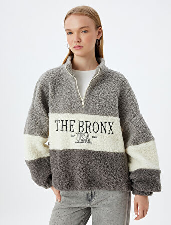 Peluş Sweatshirt Oversize Yarım Fermuarlı Kolej Nakışlı Renk Bloklu