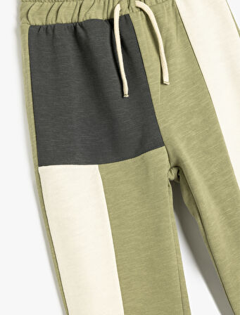 Jogger Eşofman Altı Beli Bağlamalı Renk Bloklu Pamuklu Şardonlu