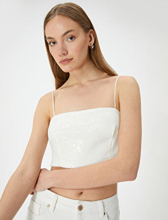 Pullu Payetli Askılı Abiye Üst Crop Slim Fit 