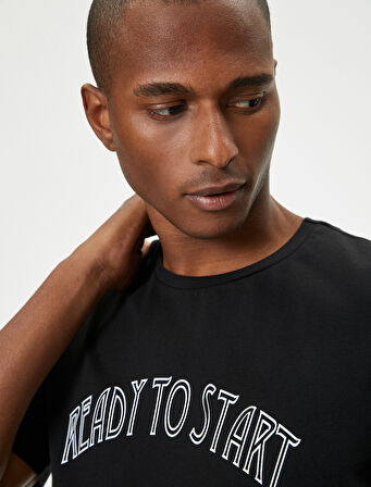 Spor Tişört Slogan Baskılı Kısa Kollu Bisiklet Yaka Pamuklu