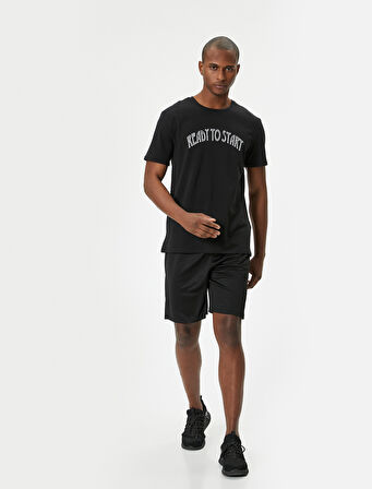 Spor Tişört Slogan Baskılı Kısa Kollu Bisiklet Yaka Pamuklu