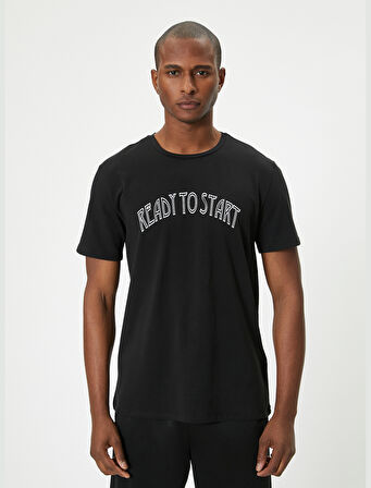 Spor Tişört Slogan Baskılı Kısa Kollu Bisiklet Yaka Pamuklu