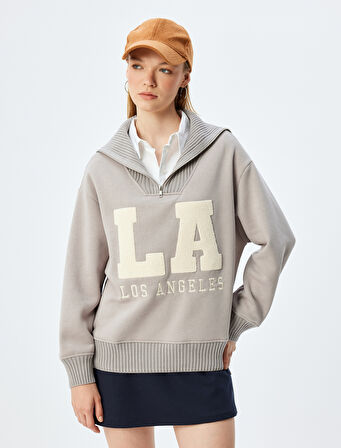 Yarım Fermuarlı Sweatshirt Oversize Kolej Baskılı 