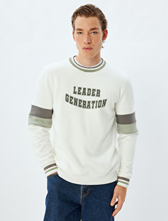 Slogan Baskılı Sweatshirt Bisiklet Yaka Renk Bloklu Boxy Şardonlu Pamuk Karışımlı