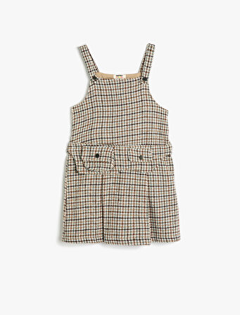 Askılı Elbise Cep ve Düğme Detaylı Kare Yaka 