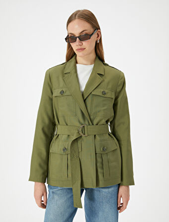 Mevsimlik Ceket Kemerli Kargo Cepli Düğmeli Modal Karışımlı