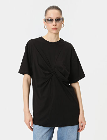 Düğüm Detaylı Tişört Kısa Kollu Bisiklet Yaka Uzun Rahat Kalıp